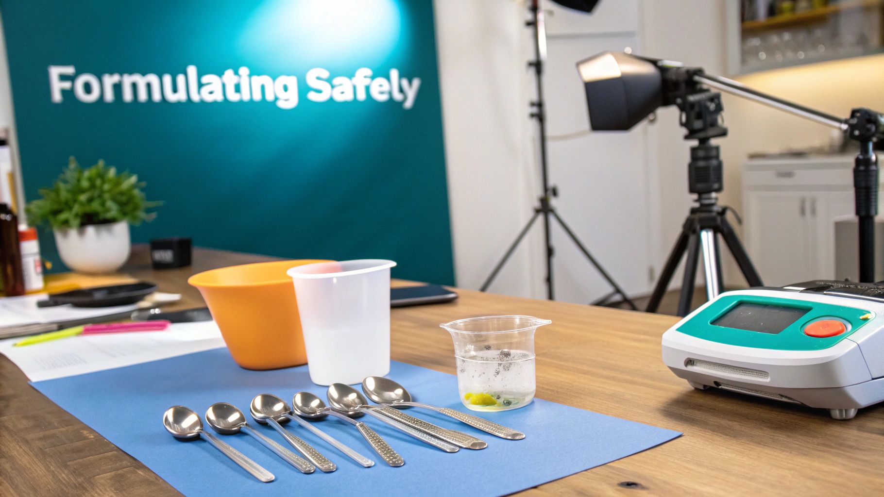 A table with spoons, beakers, and scientific equipment, set up in front of a 'Formulating Safely' sign.