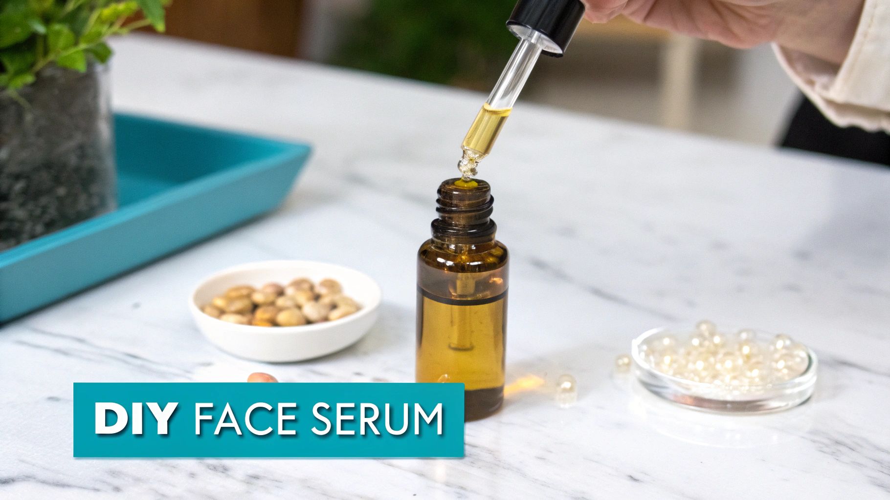 A person uses a dropper to fill an amber bottle with yellow liquid, making DIY face serum.