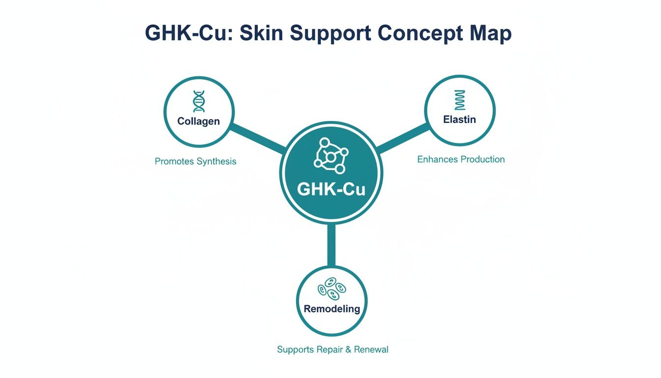 A concept map illustrating GHK-Cu's skin support benefits: promoting collagen, enhancing elastin, and supporting skin remodeling.