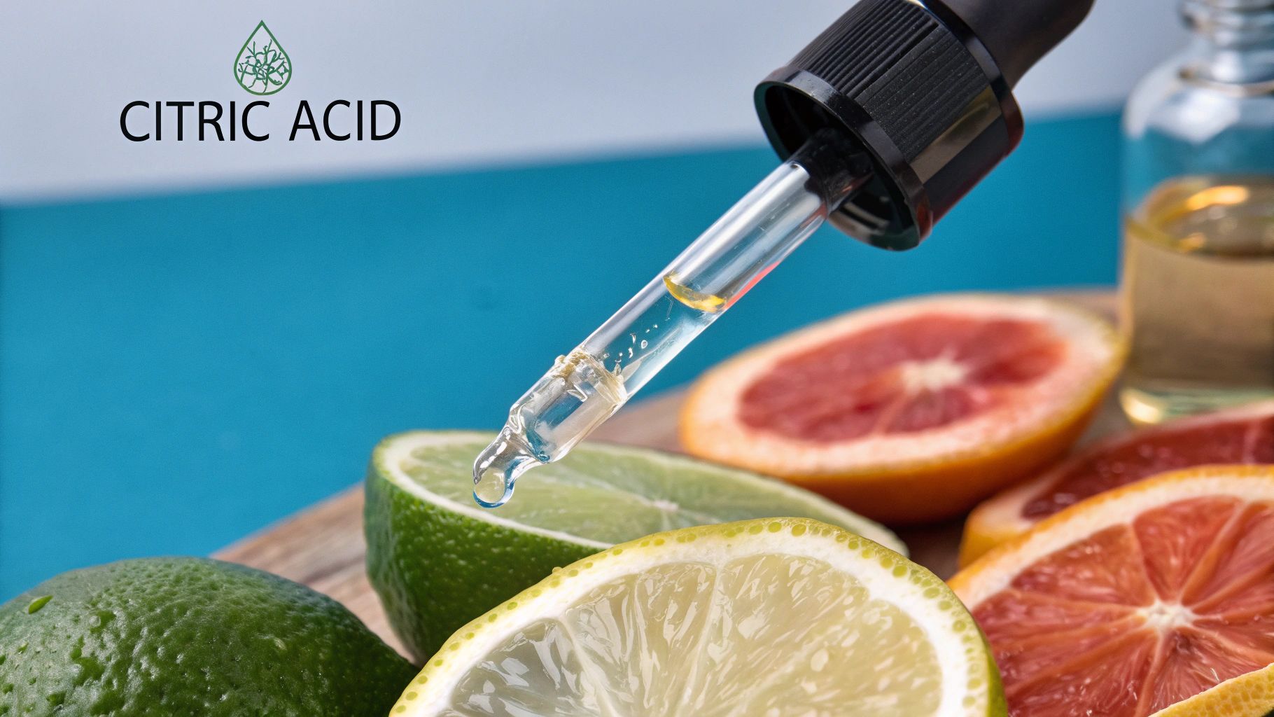 Citrus fruits and a small bowl of white citric acid powder