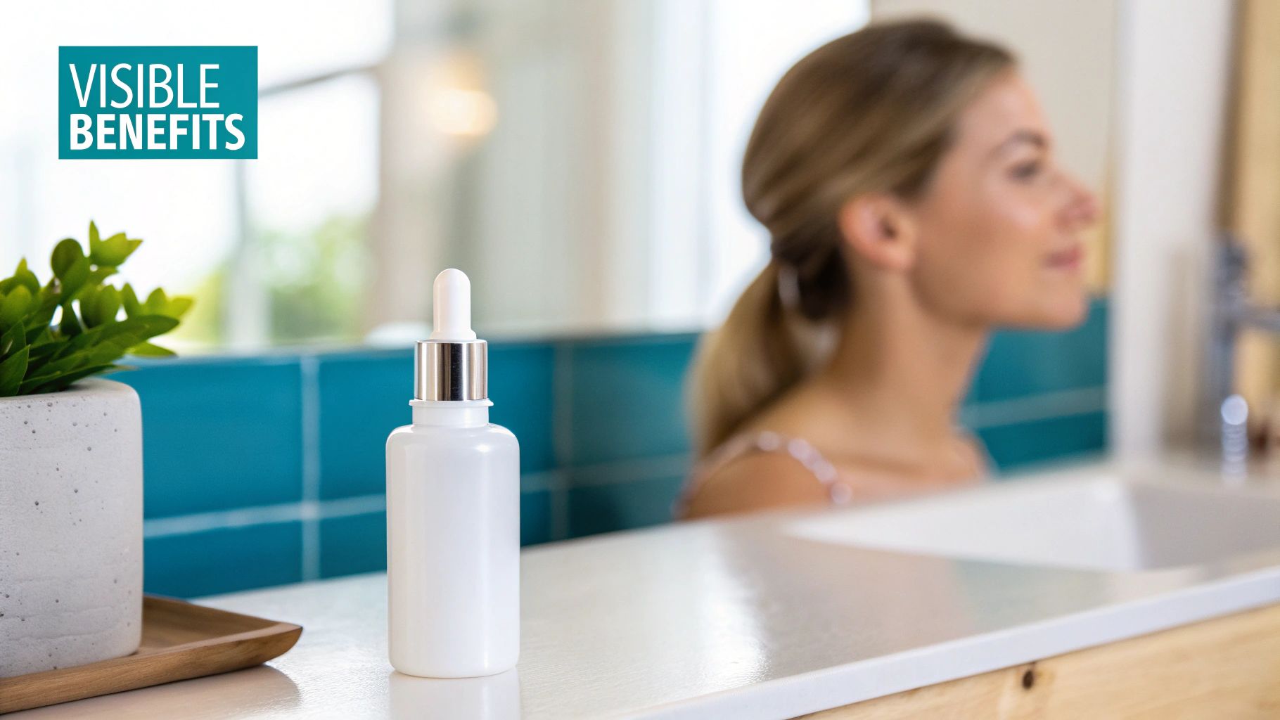 White serum bottle on a bathroom counter with a blurry woman and plant reflection.