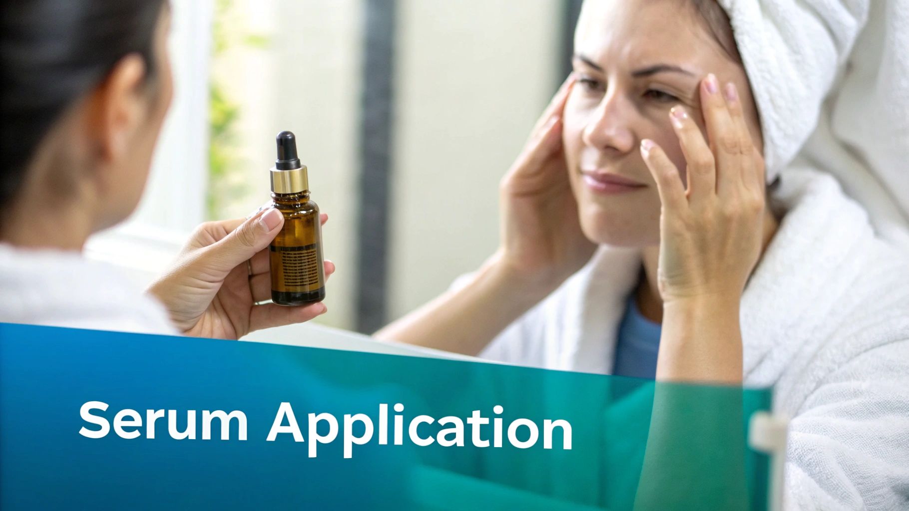 Woman in a bathrobe applying serum to her face in a mirror, holding a bottle.
