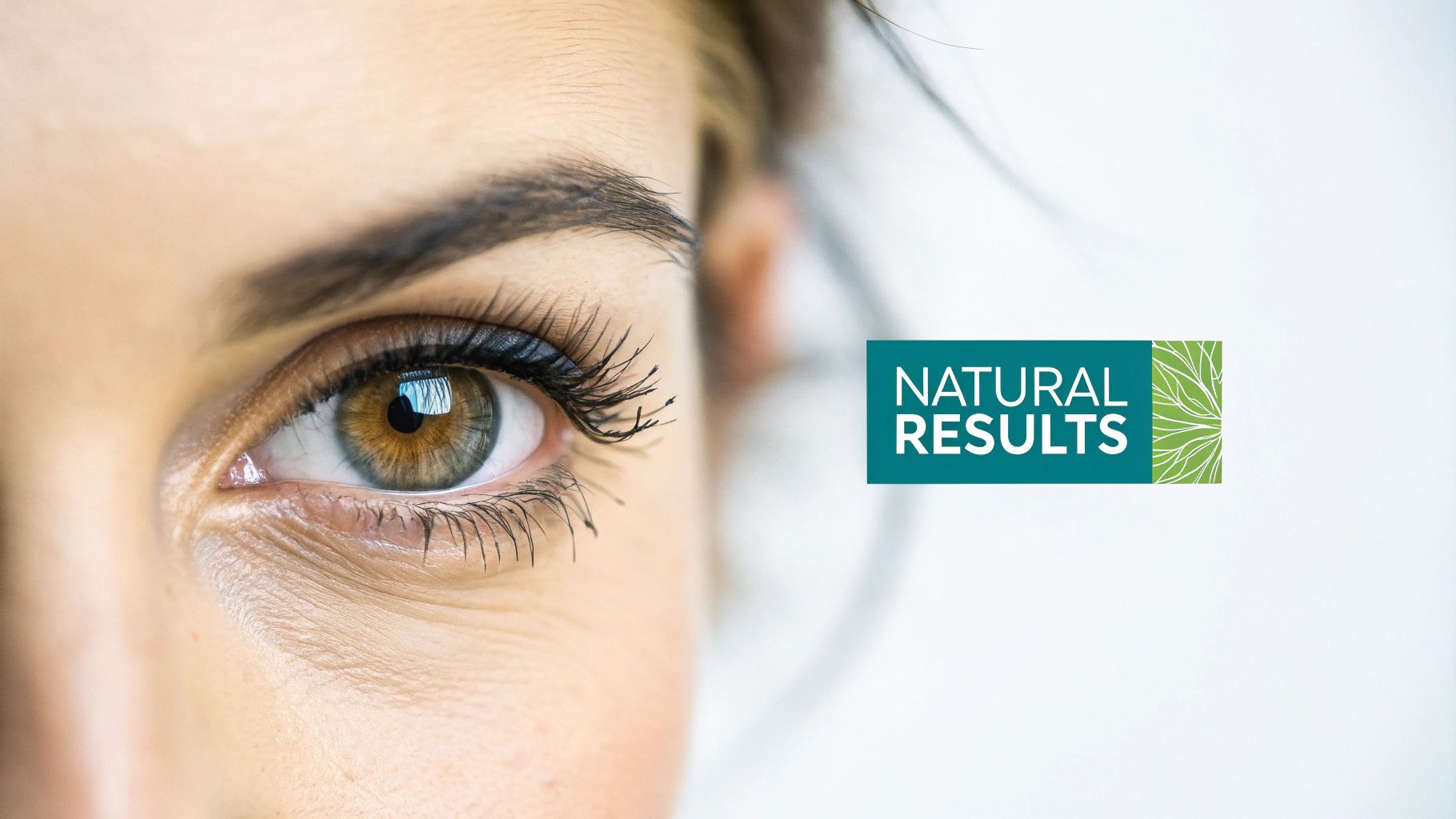 A woman's hazel eye with natural-looking long eyelashes, next to a 'Natural Results' logo.