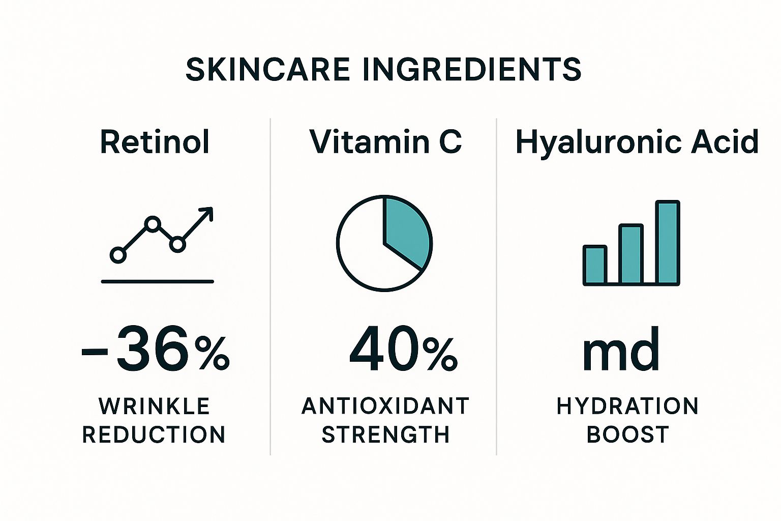 An infographic comparing Retinol, Vitamin C, and Hyaluronic Acid, highlighting their respective key benefits for skin appearance.