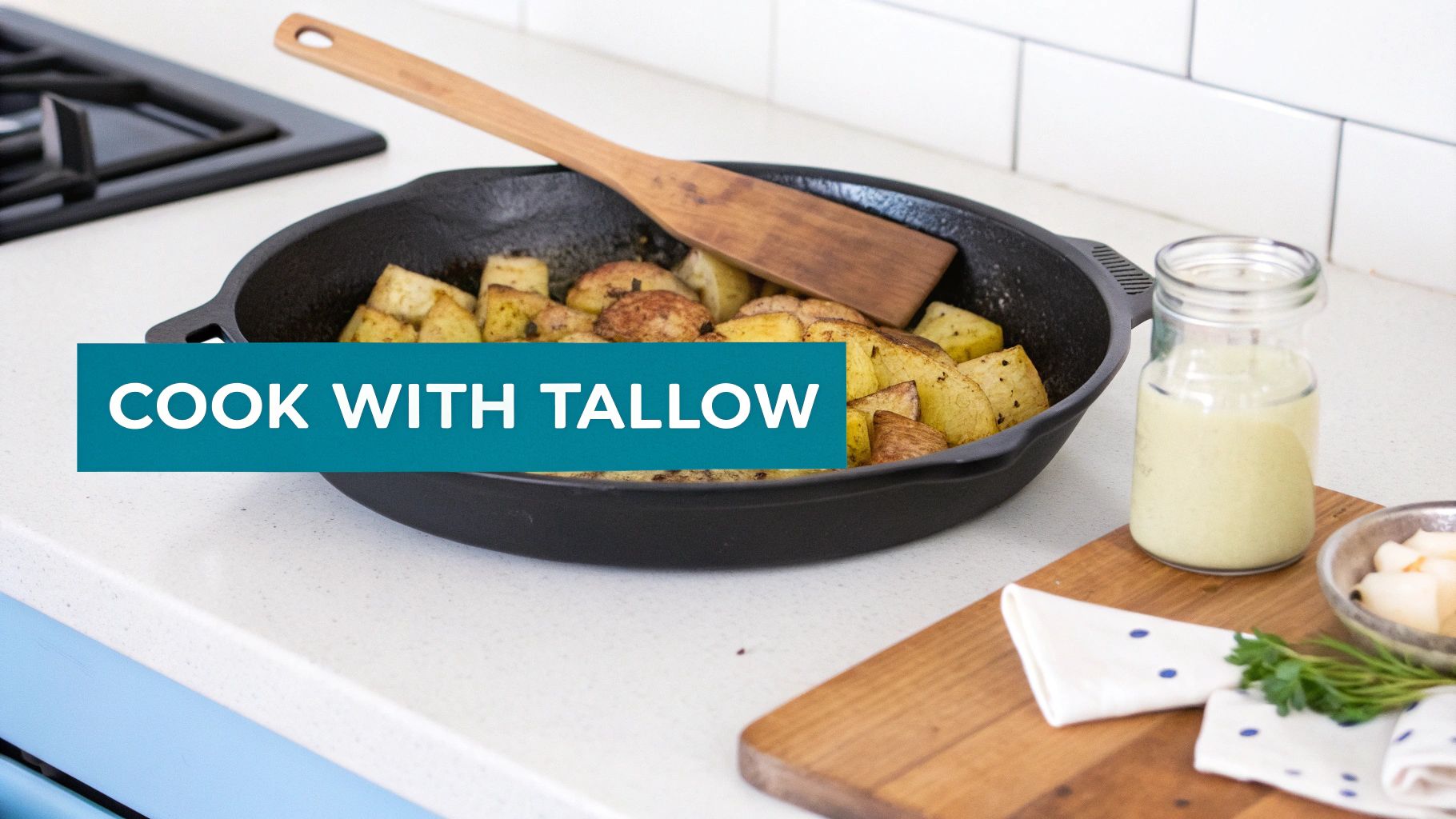 A close-up of beef tallow being used for cooking in a cast iron skillet.