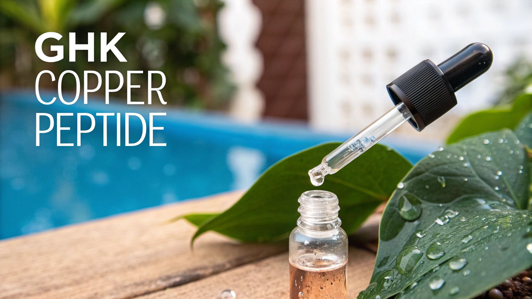 A dropper releasing GHK copper peptide liquid into a small bottle, with green leaves and water drops.
