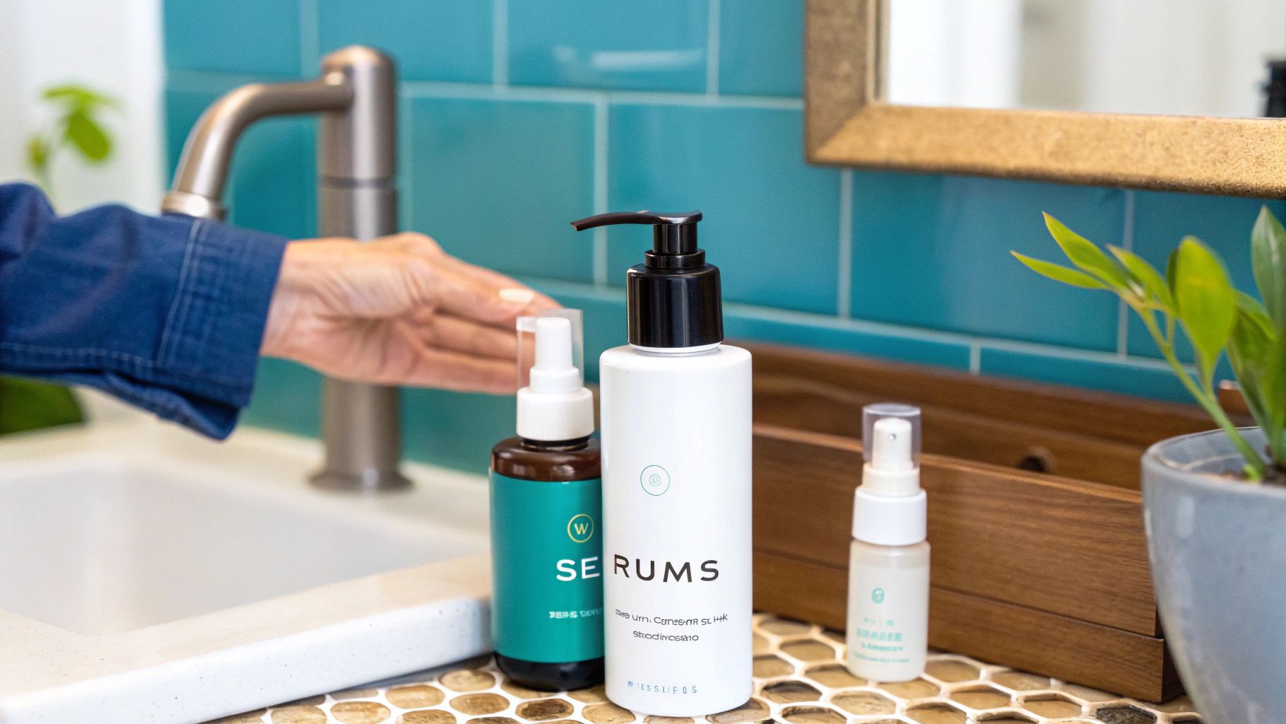 A person's hand reaches for a bathroom faucet, next to various serum bottles on a hexagon-tiled counter.
