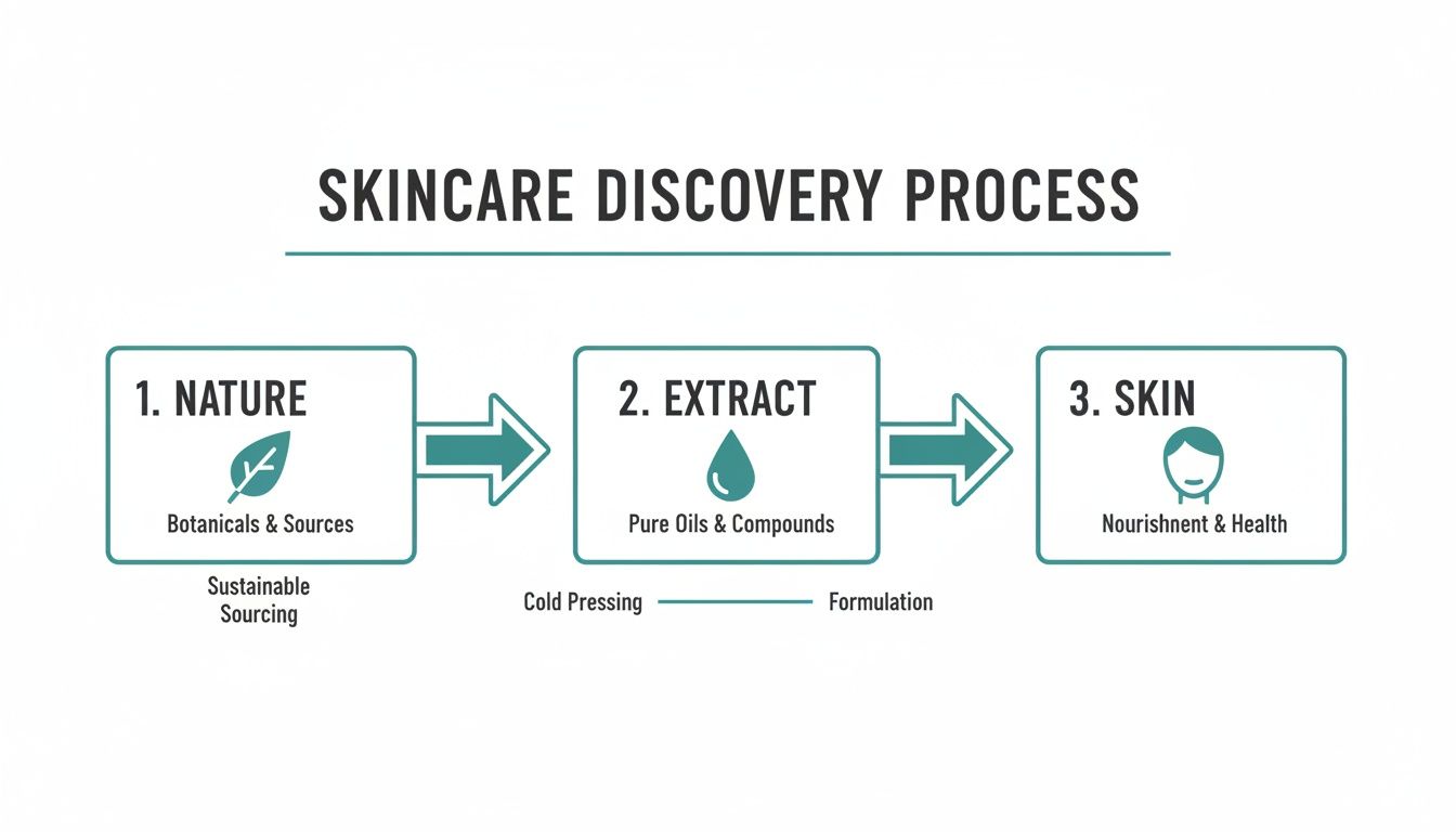 Infographic showing the skincare discovery process from nature and extraction to skin health.