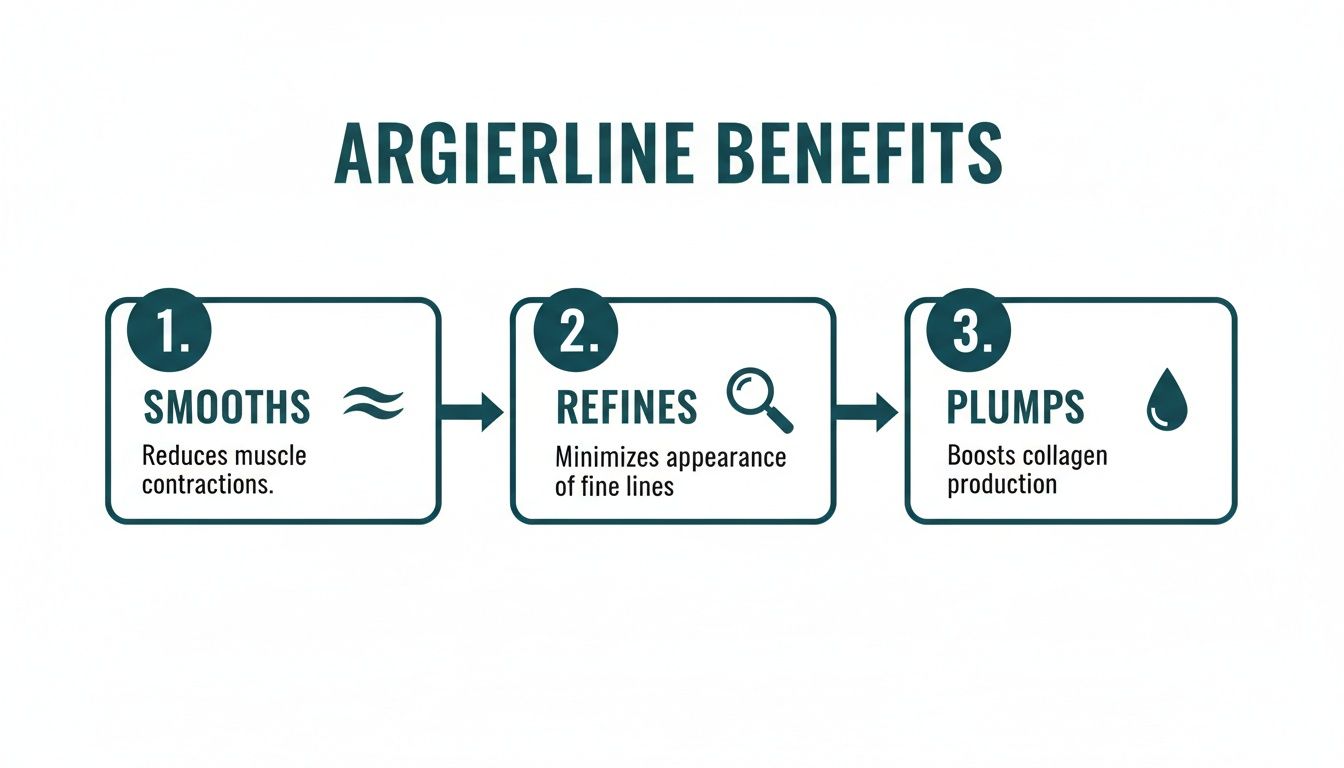 An infographic illustrating three key benefits of Argireline: smooths, refines, and plumps the skin.