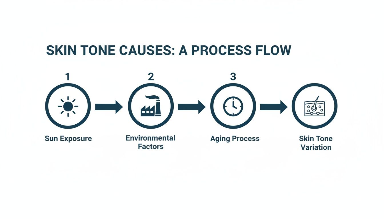A process flow diagram illustrates the causes of skin tone variation, showing sun exposure, environmental factors, and aging.
