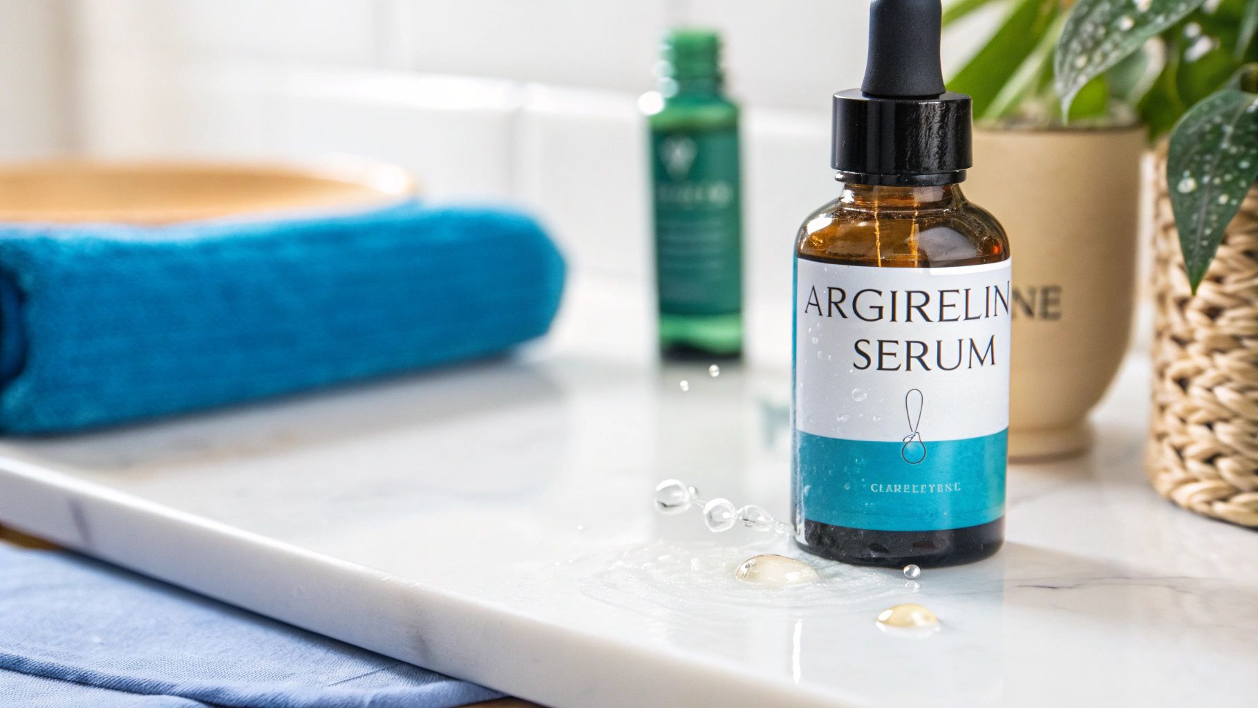 A bottle of Argireline serum with a dropper on a marble counter, surrounded by water droplets, a blue towel, and plants.