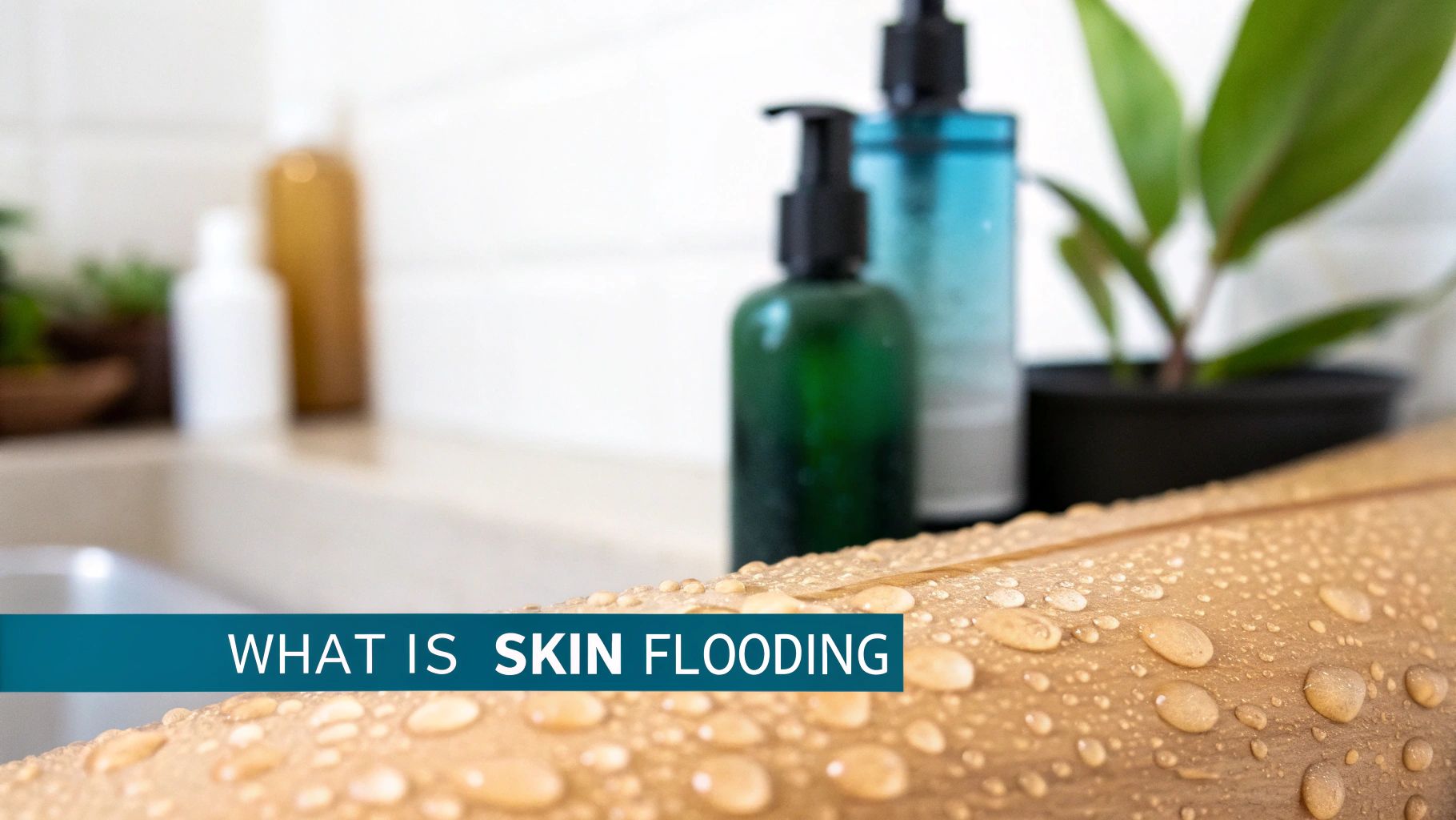 Close-up of skin with water droplets, showing bottles of skincare products in a bathroom setting.