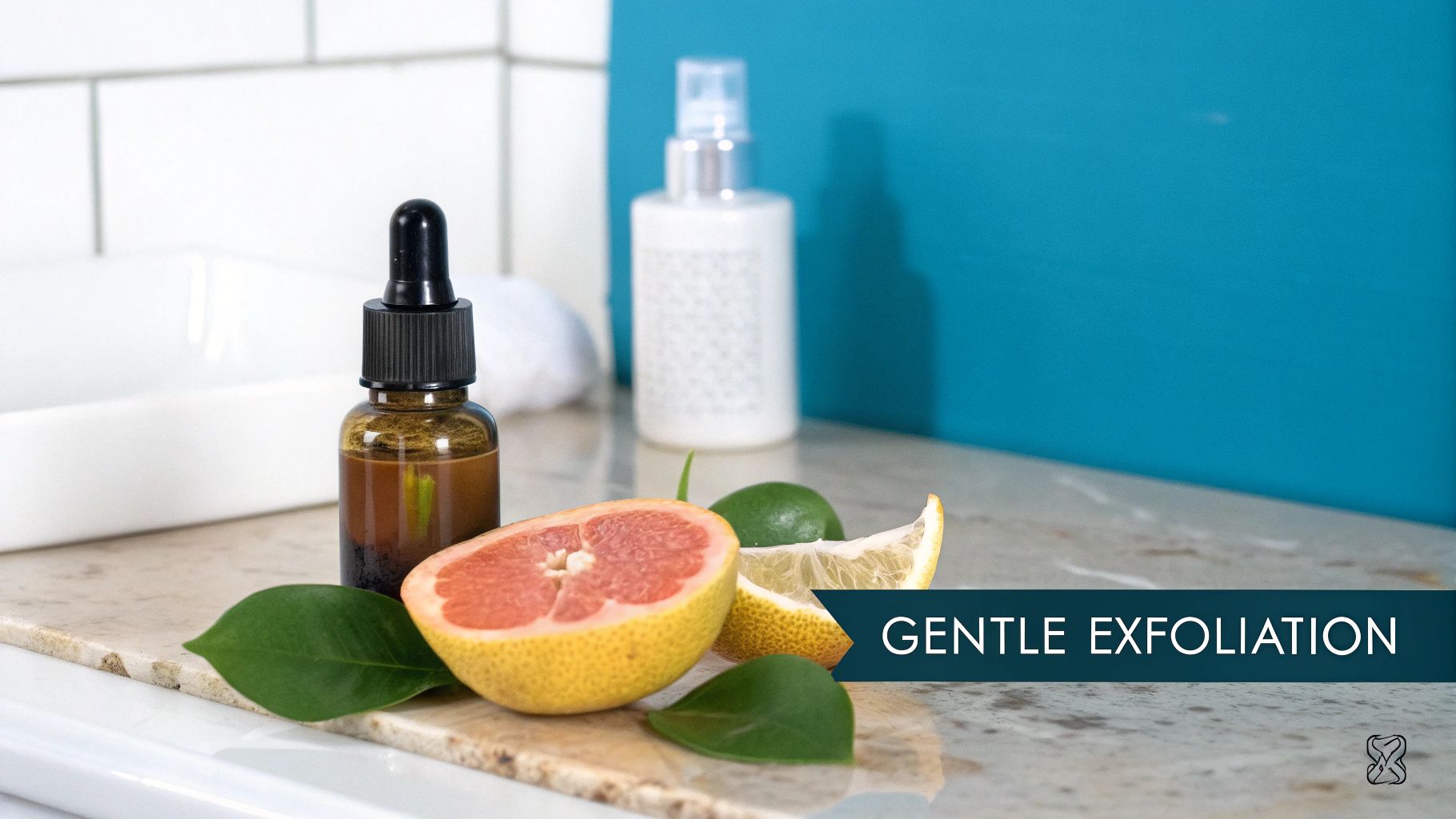 A brown dropper bottle, sliced grapefruit, lime, and lemon on a counter with skincare message.