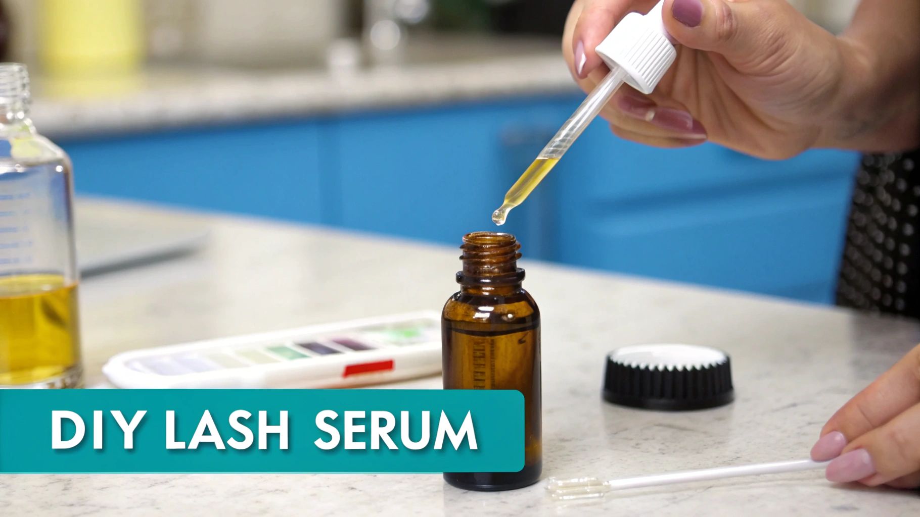 A hand uses a dropper to add a yellow liquid into a small brown bottle, labeled DIY Lash Serum.
