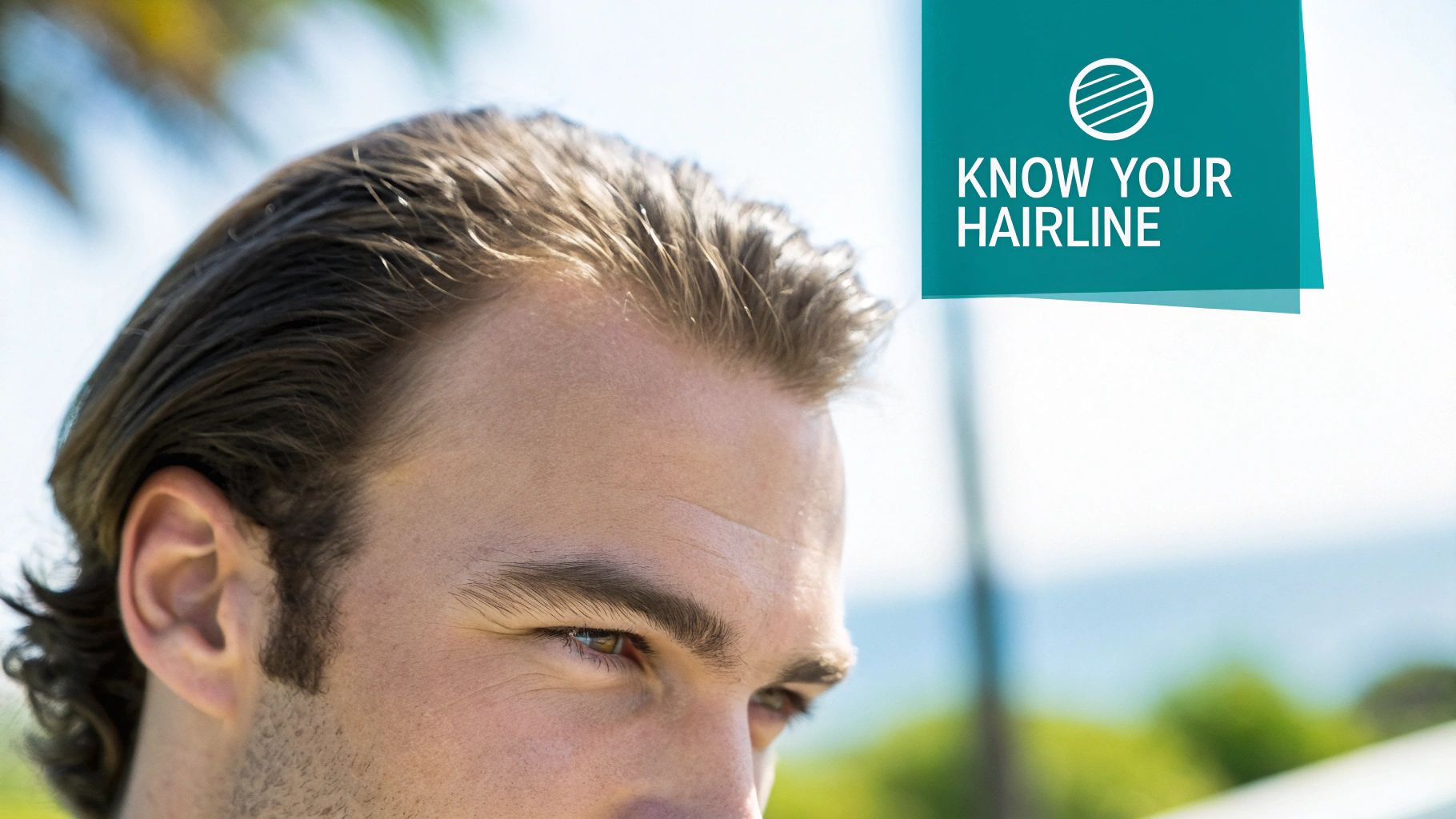 Close-up of a man with a visible hairline, with the text 'KNOW YOUR HAIRLINE' on a teal banner.