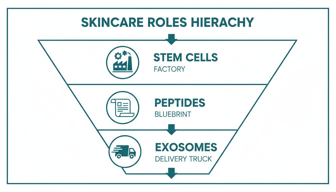 Skincare roles hierarchy illustrating stem cells as a factory, peptides as a blueprint, and exosomes as a delivery truck.