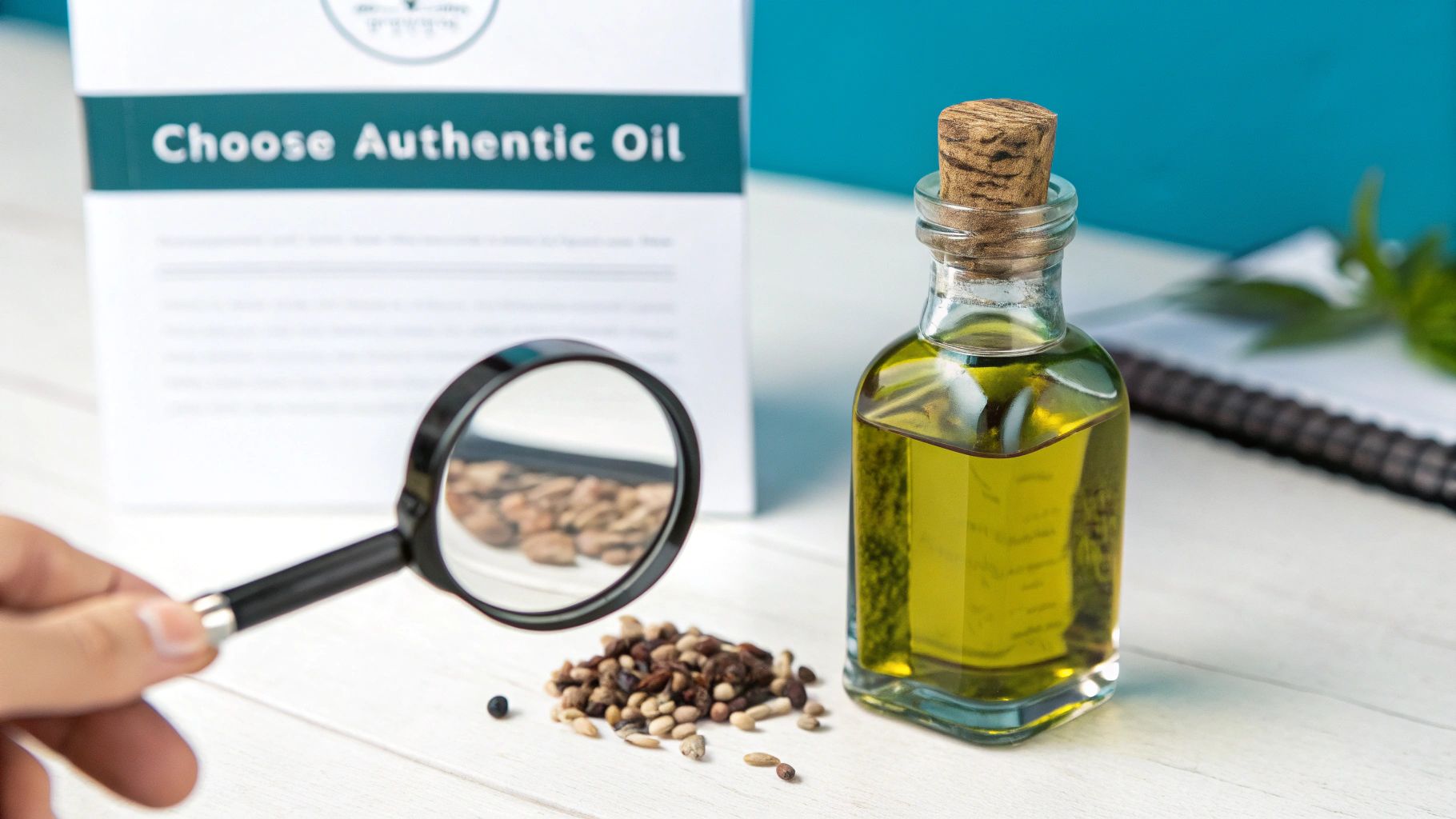 A magnifying glass examines diverse seeds beside a corked bottle of authentic oil and a brochure.