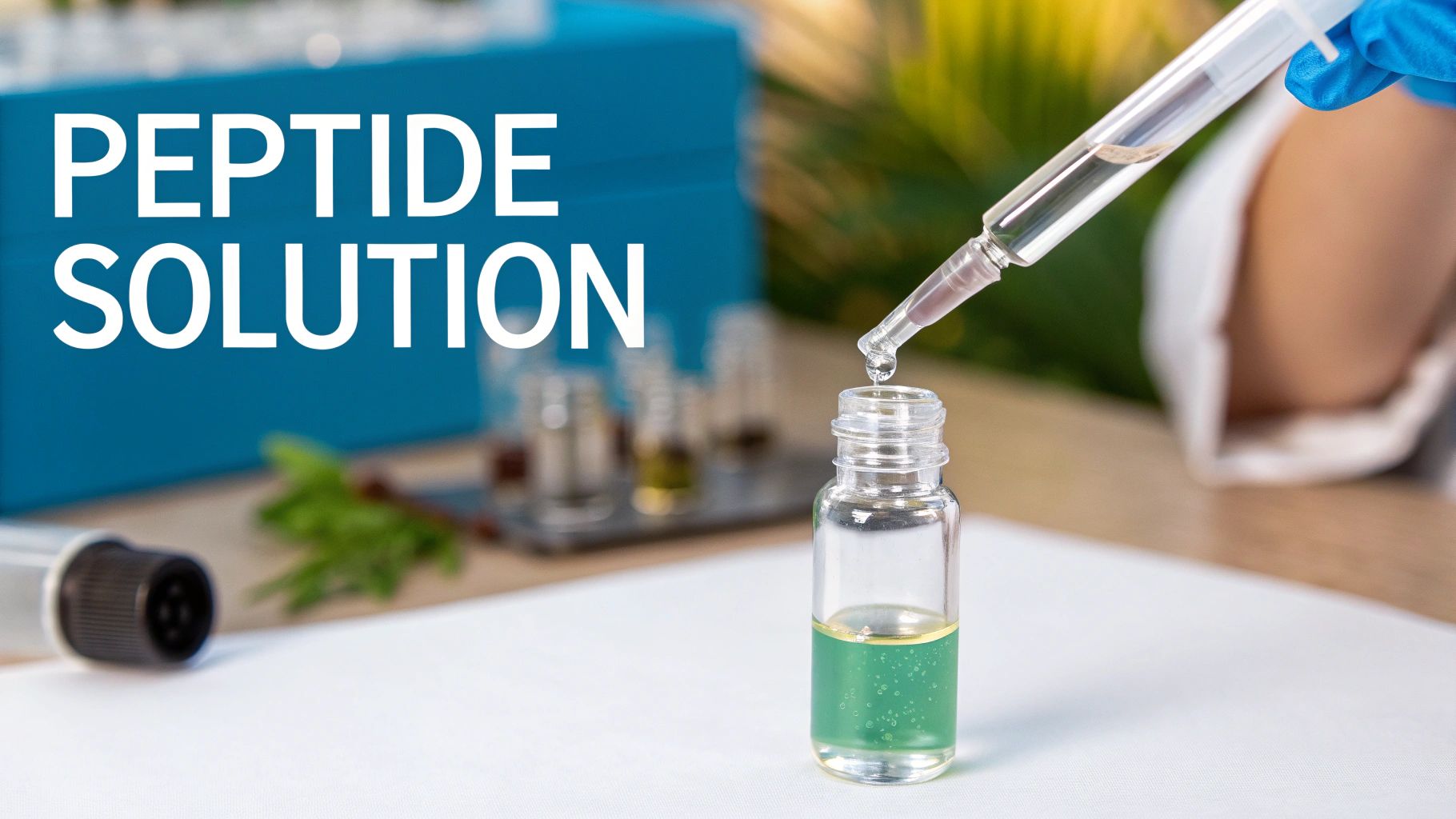 A person in blue gloves using a dropper to add clear liquid to a vial containing a green and yellow peptide solution.