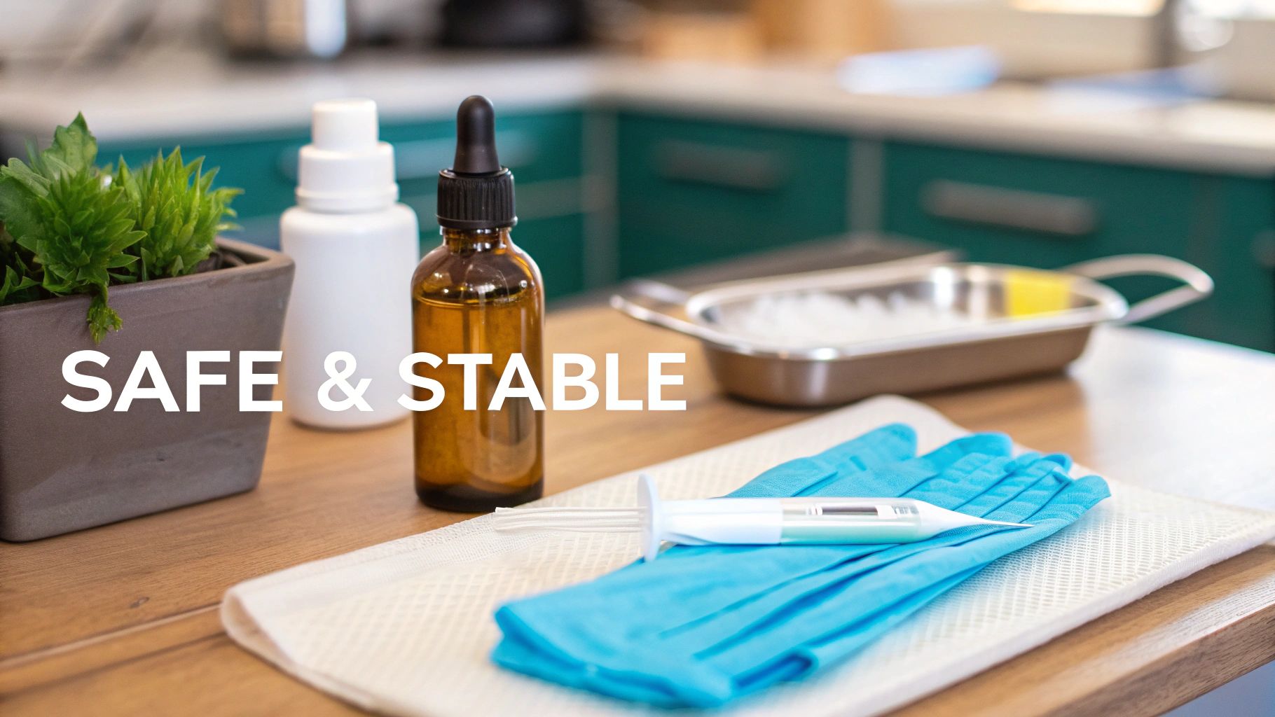 Medical supplies, dropper bottles, blue gloves, and a thermometer on a table, emphasizing safety and stability.
