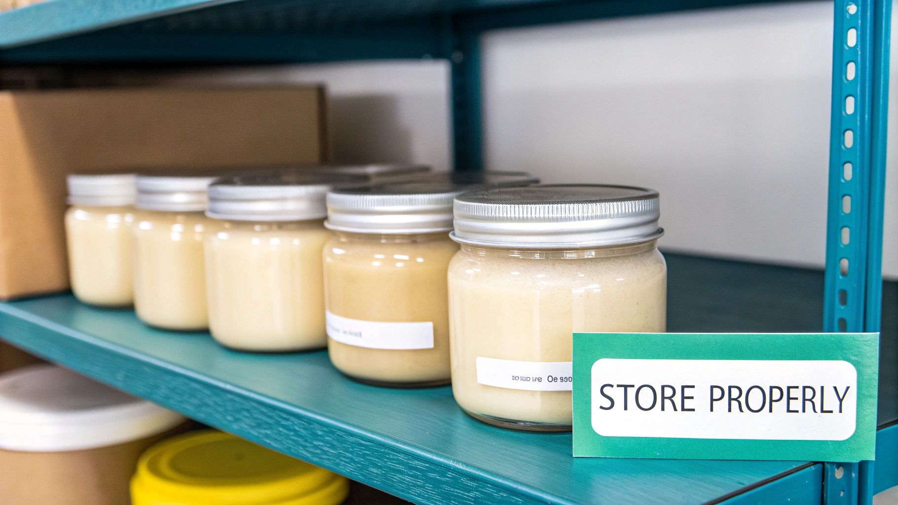Jars of creamy product with labels on a teal shelf, alongside a 'STORE PROPERLY' sign.