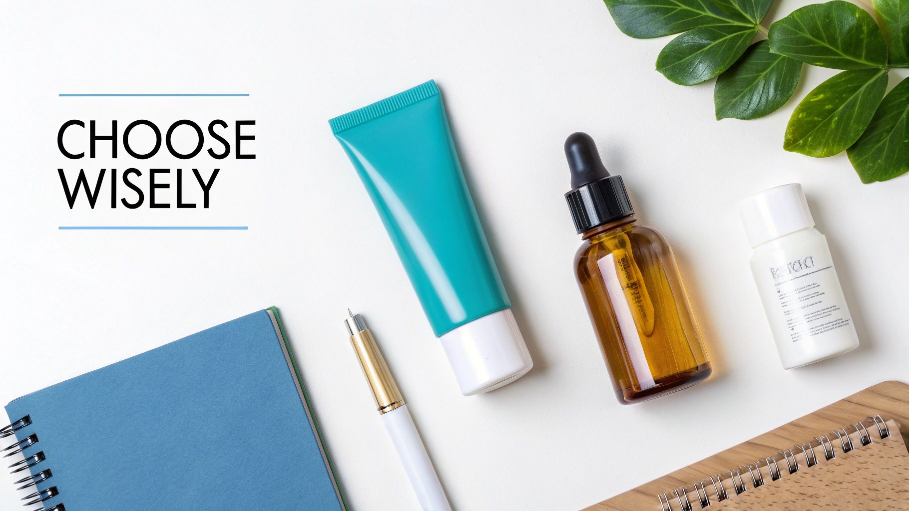 A flat lay shows various skincare products, a notebook, pen, and green leaves, with text "CHOOSE WISELY".