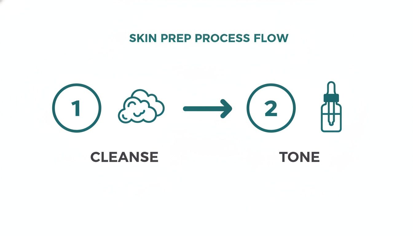 Skin prep process flow diagram illustrating two steps: cleanse (1) and tone (2) for a routine.