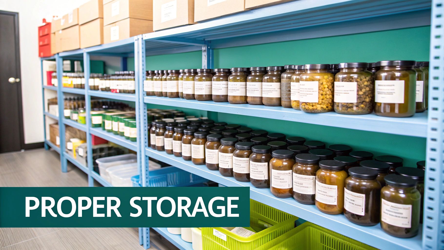 Shelves full of labeled jars and bottles containing various ingredients in a storage room.