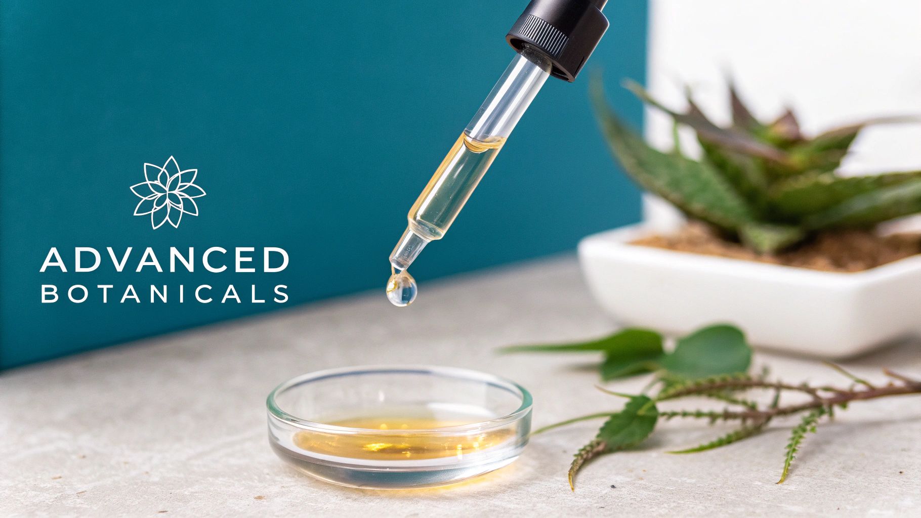 A close-up of a vibrant green plant with water droplets, representing advanced botanical skincare.