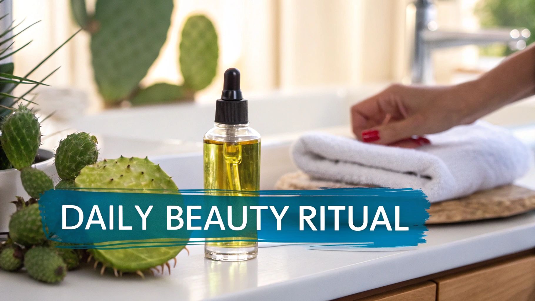 A bottle of prickly pear oil next to cactus pads and fruit, with a hand reaching for a white towel.