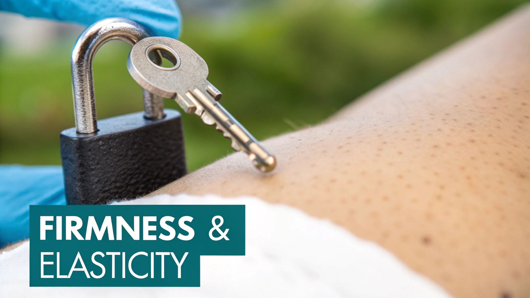 A key and padlock symbolize skin firmness and elasticity on human skin, highlighting skincare benefits.