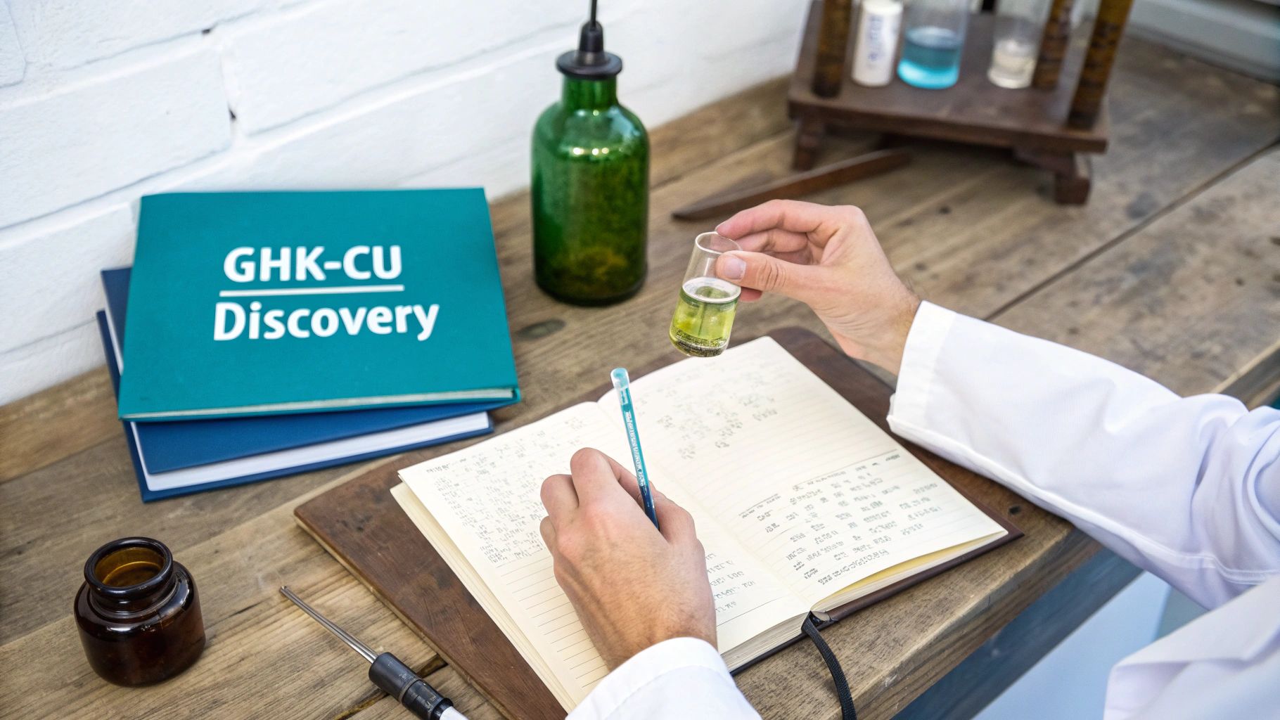 Scientist in a lab coat records notes in a journal, holding a beaker with green liquid, next to 'GHK-CU Discovery' books.