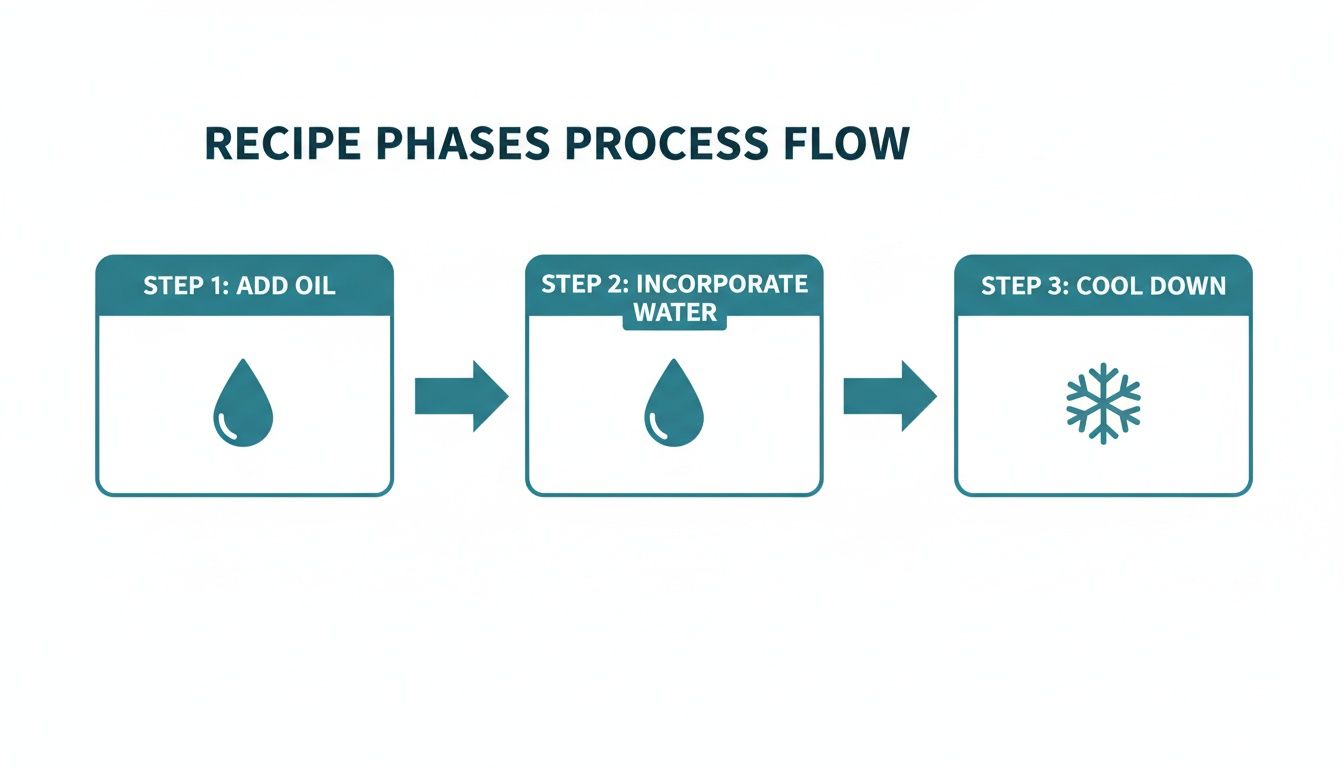 A three-step recipe process flow showing adding oil, incorporating water, and cooling down.