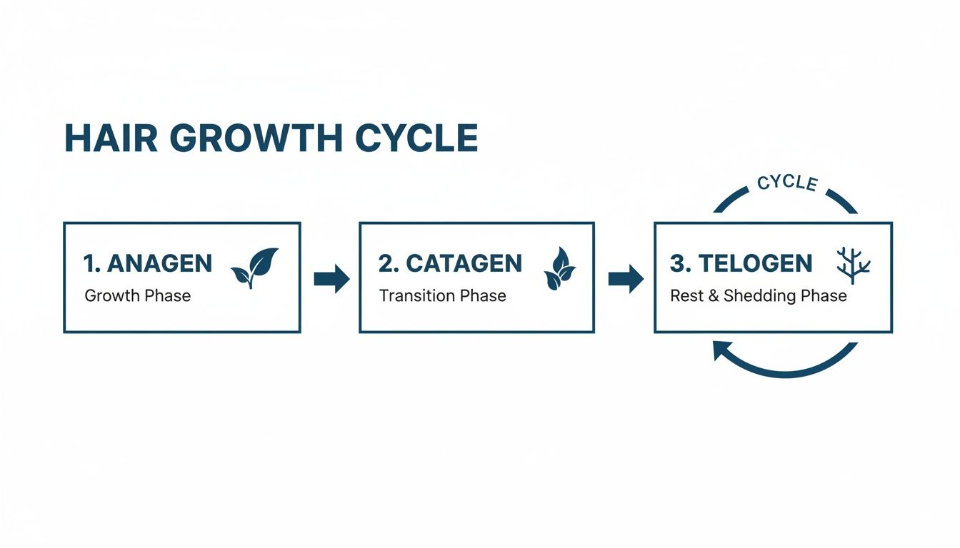 A diagram illustrating the three main phases of the hair growth cycle: Anagen, Catagen, and Telogen.