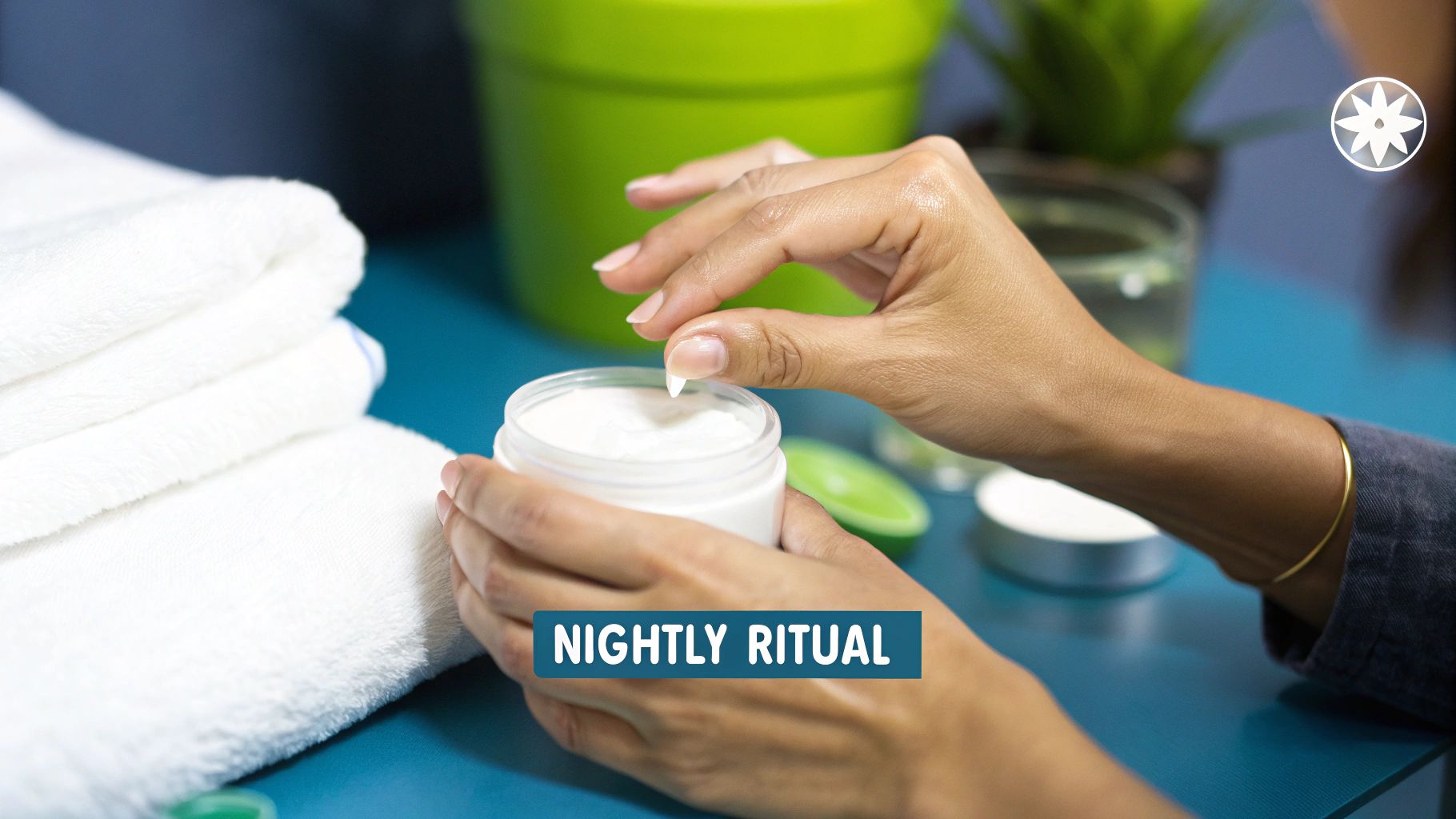 A person's hands scooping white night cream from a jar, representing a nightly skincare ritual.