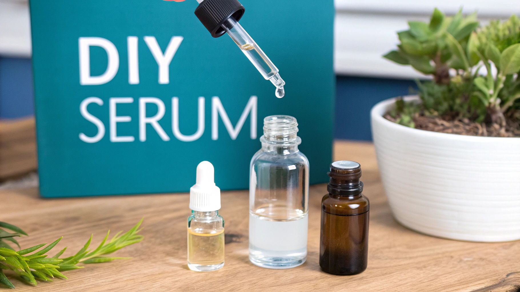 Homemade DIY serum ingredients with dropper, bottles, and a 'DIY SERUM' sign on a wooden table.
