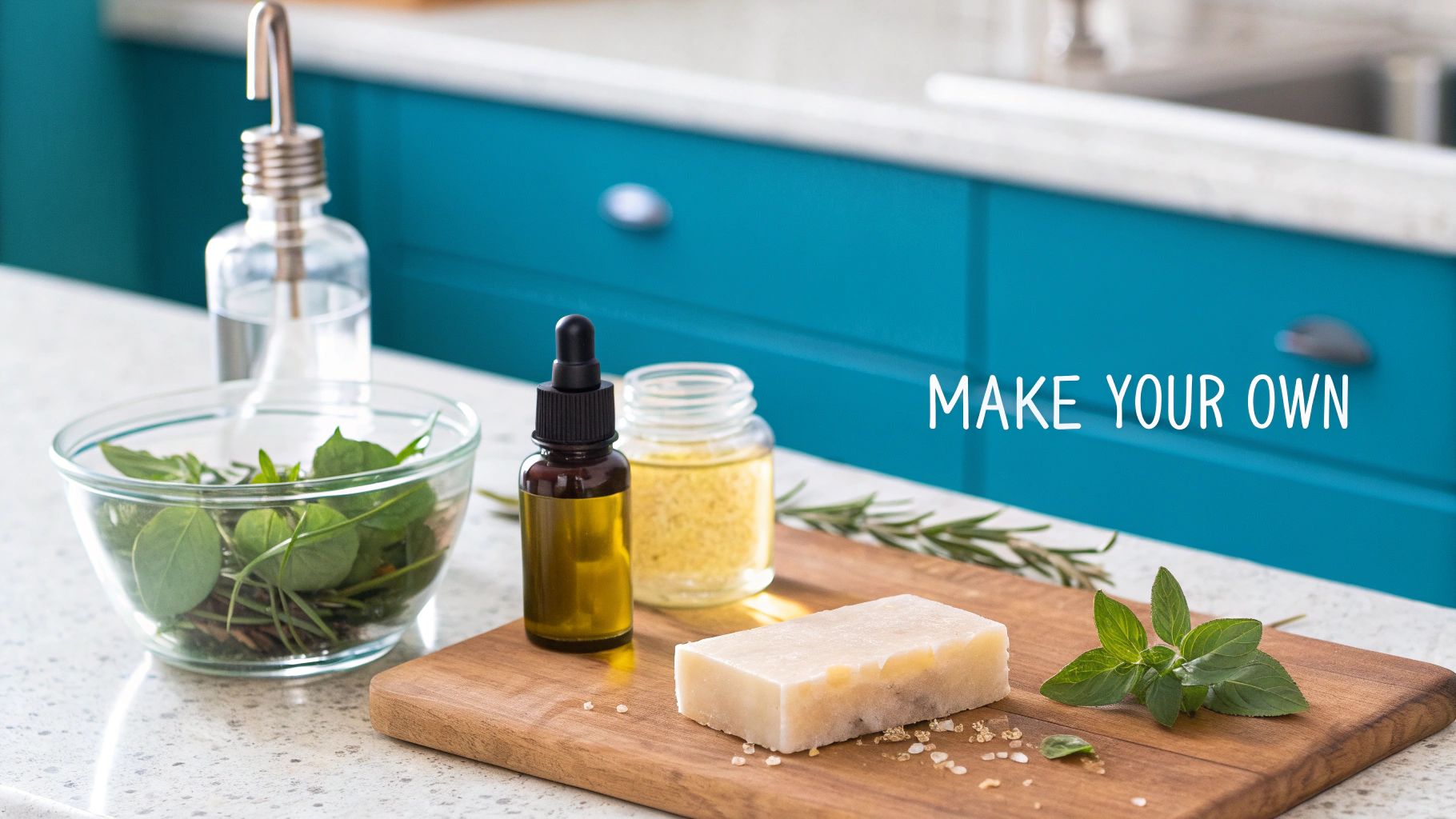 Ingredients for homemade face cream, including herbs, oils, and a bar of soap, on a kitchen counter.