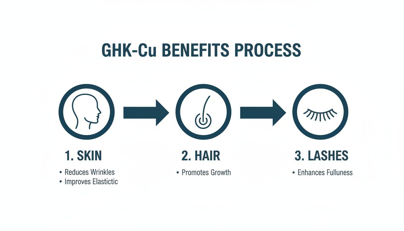 Flowchart illustrating GHK-Cu benefits process for skin, hair growth, and fuller lashes.
