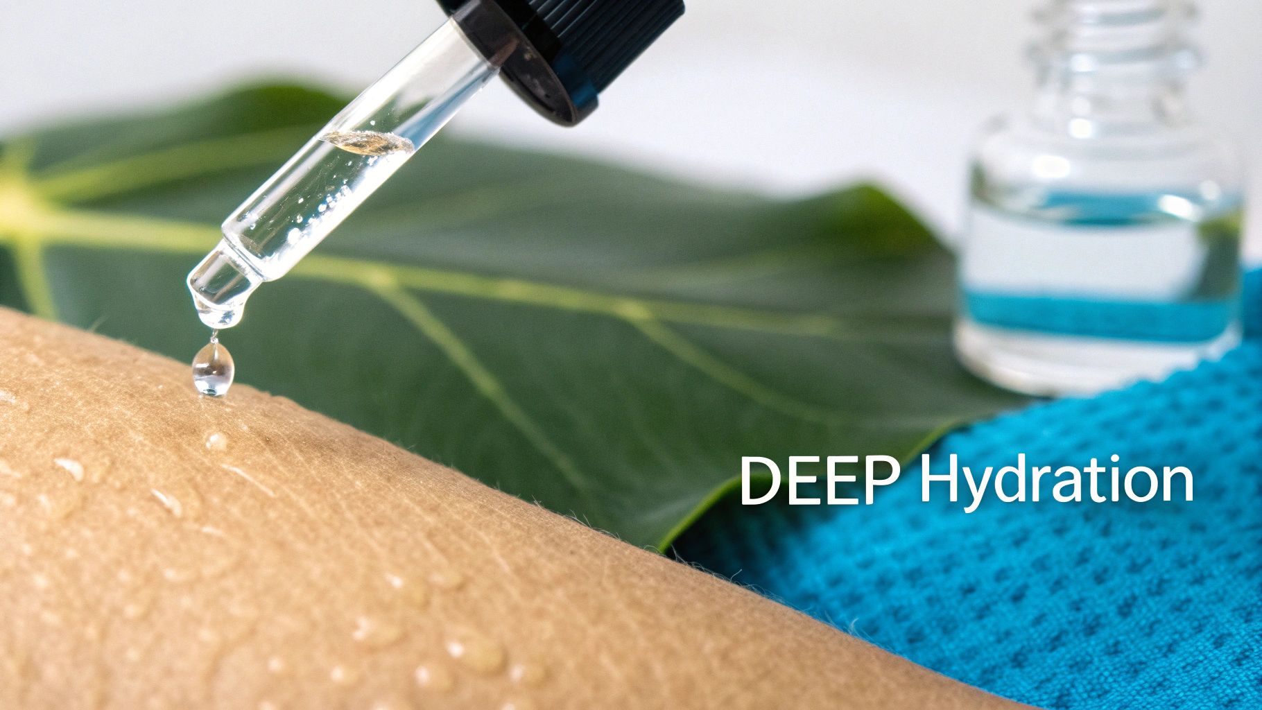 A dropper dispenses a clear liquid onto skin, symbolizing deep hydration and skincare.