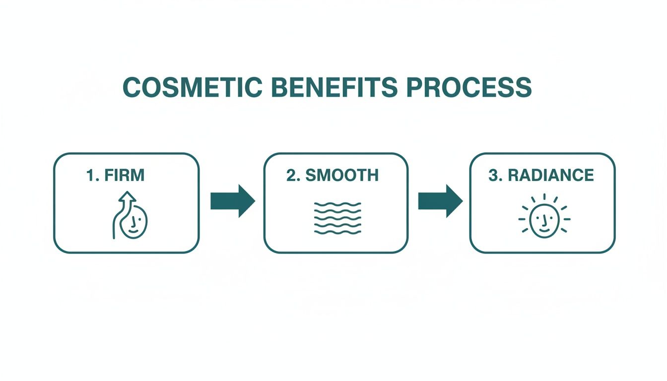 Diagram detailing a cosmetic benefits process, progressing from firming to smooth skin and finally radiance.