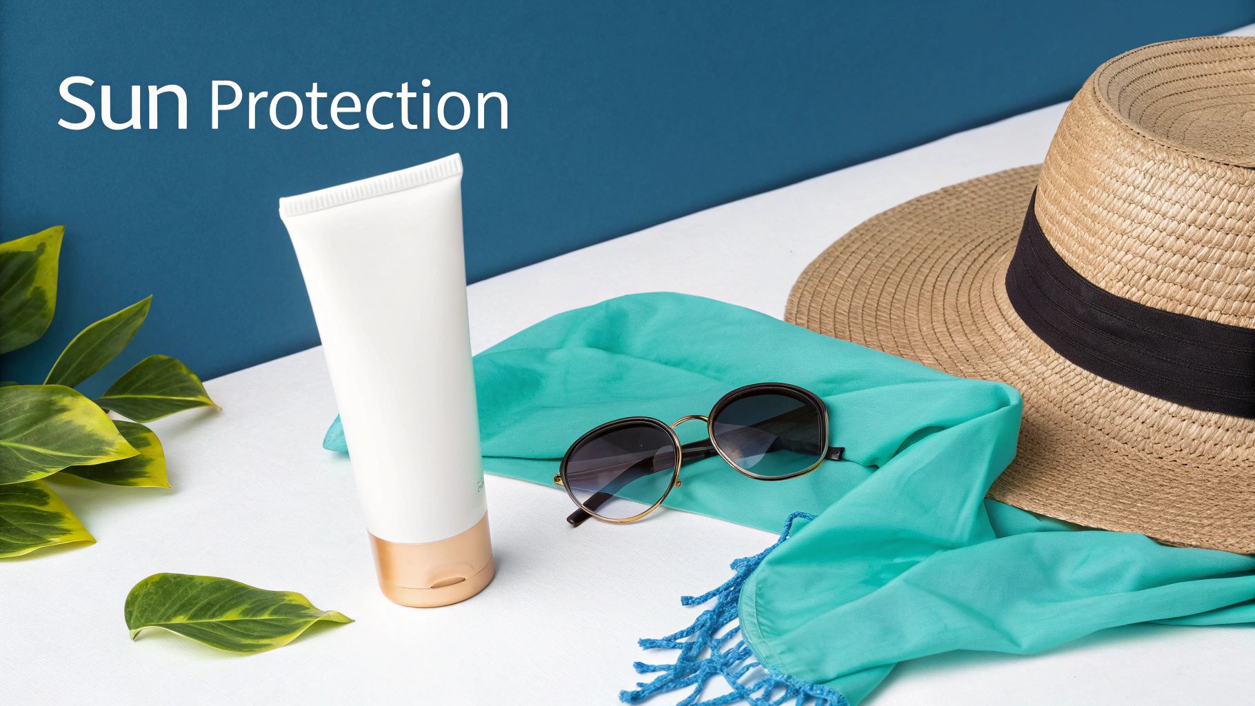 Sunscreen, sunglasses, a straw hat, and a teal scarf for effective sun protection.