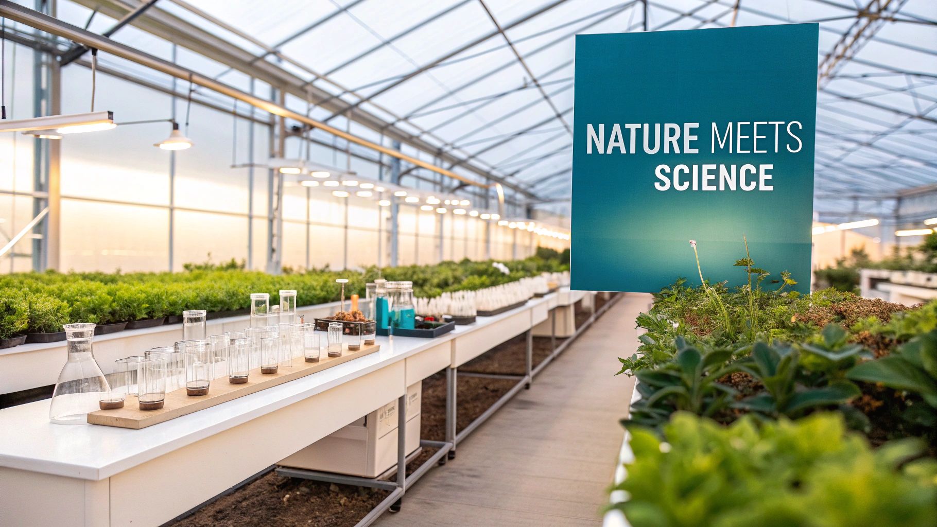 A "NATURE MEETS SCIENCE" sign in a modern greenhouse with rows of lush plants and scientific equipment.