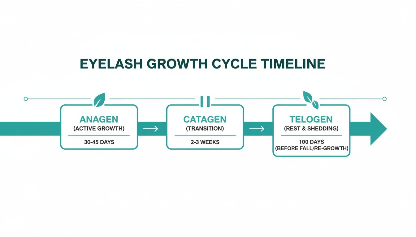 Timeline illustrating the three stages of the eyelash growth cycle: Anagen, Catagen, and Telogen, with their respective durations.