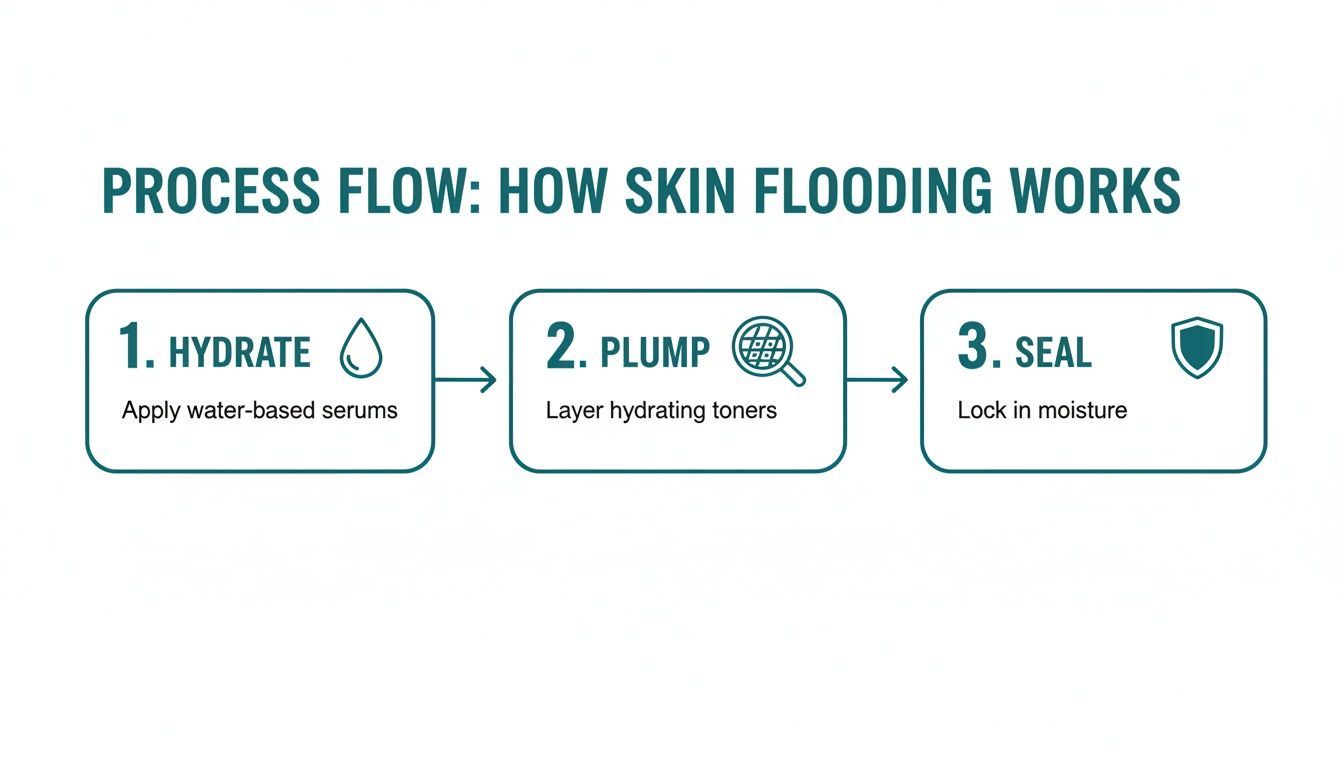 A process flow diagram illustrates the three steps of skin flooding: hydrate, plump, and seal.