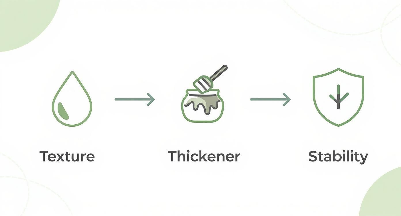 Infographic showing the process flow of emulsifying wax benefits, including texture, thickening, and stability.