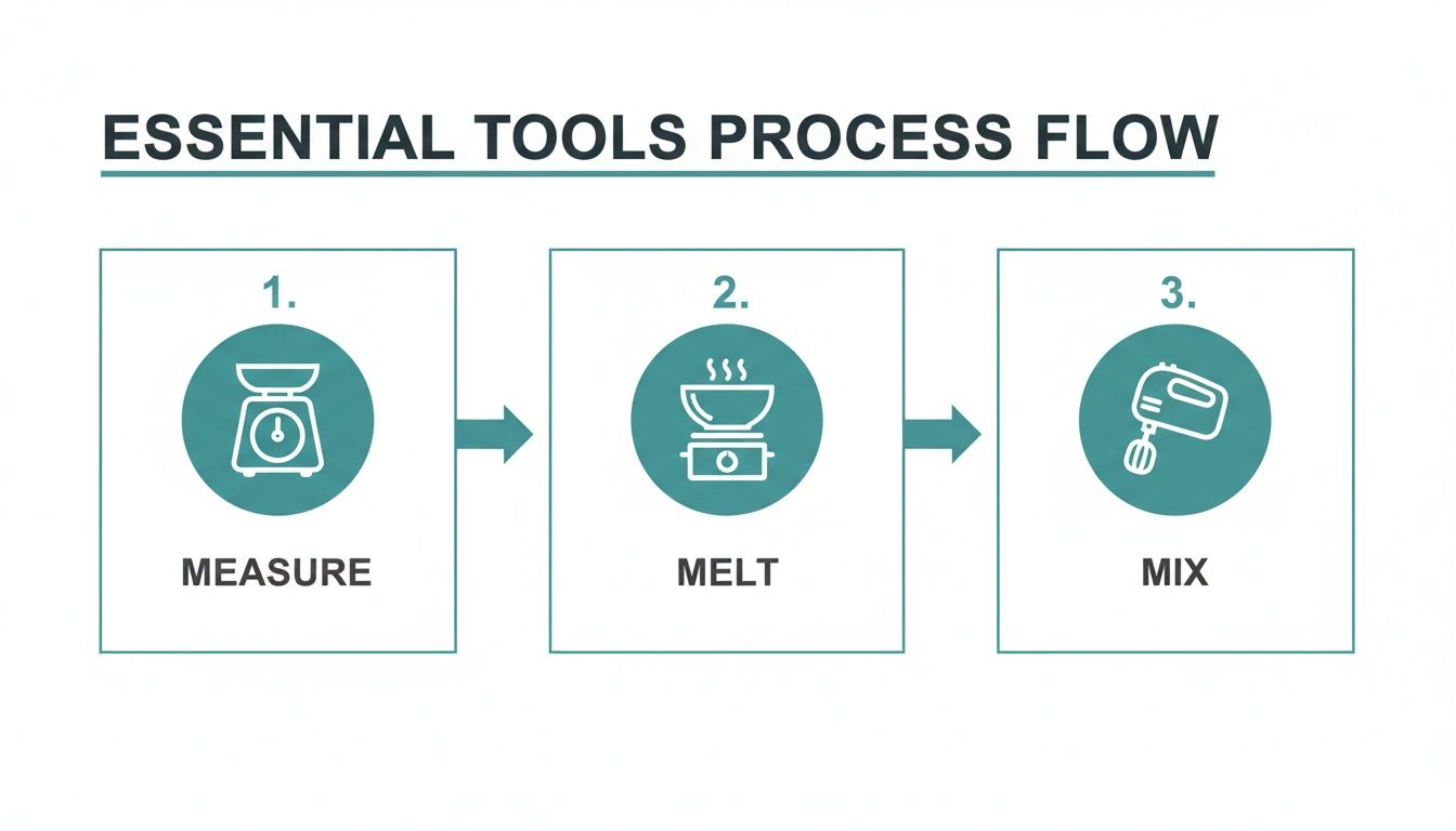 A three-step process flow for essential tools: measure with a scale, melt, and mix with a hand mixer.