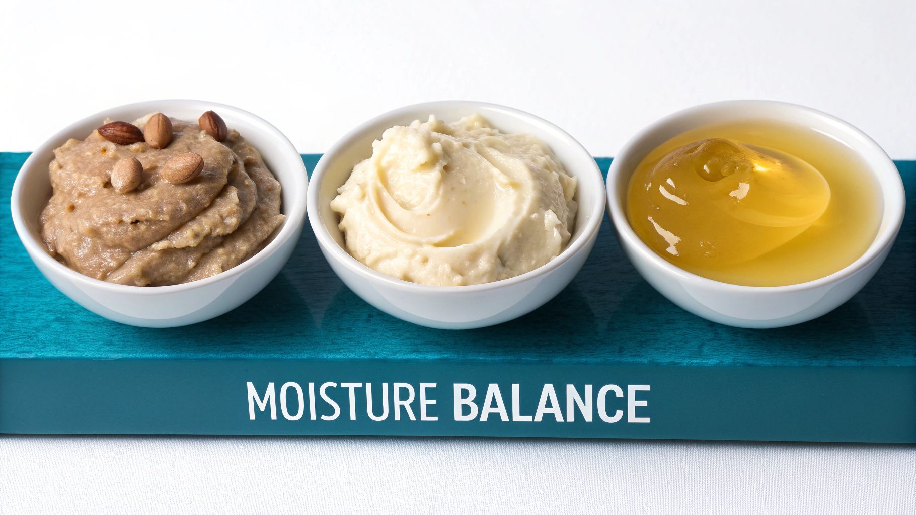 Three bowls on a teal tray display ingredients for moisture balance: almond paste, white cream, and golden gel.