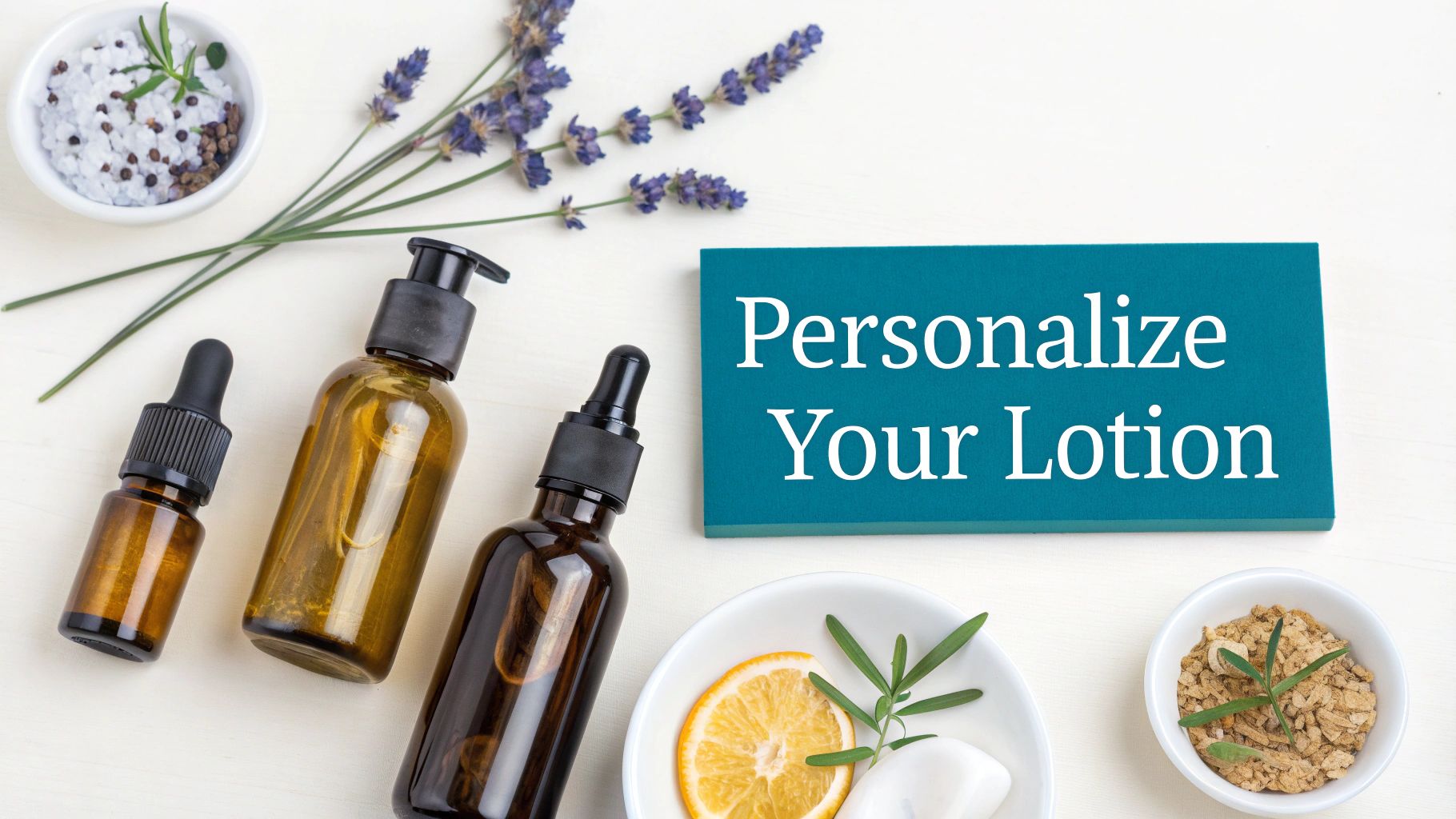 Natural homemade body lotion ingredients with amber bottles, lavender, citrus, and essential oils on white background