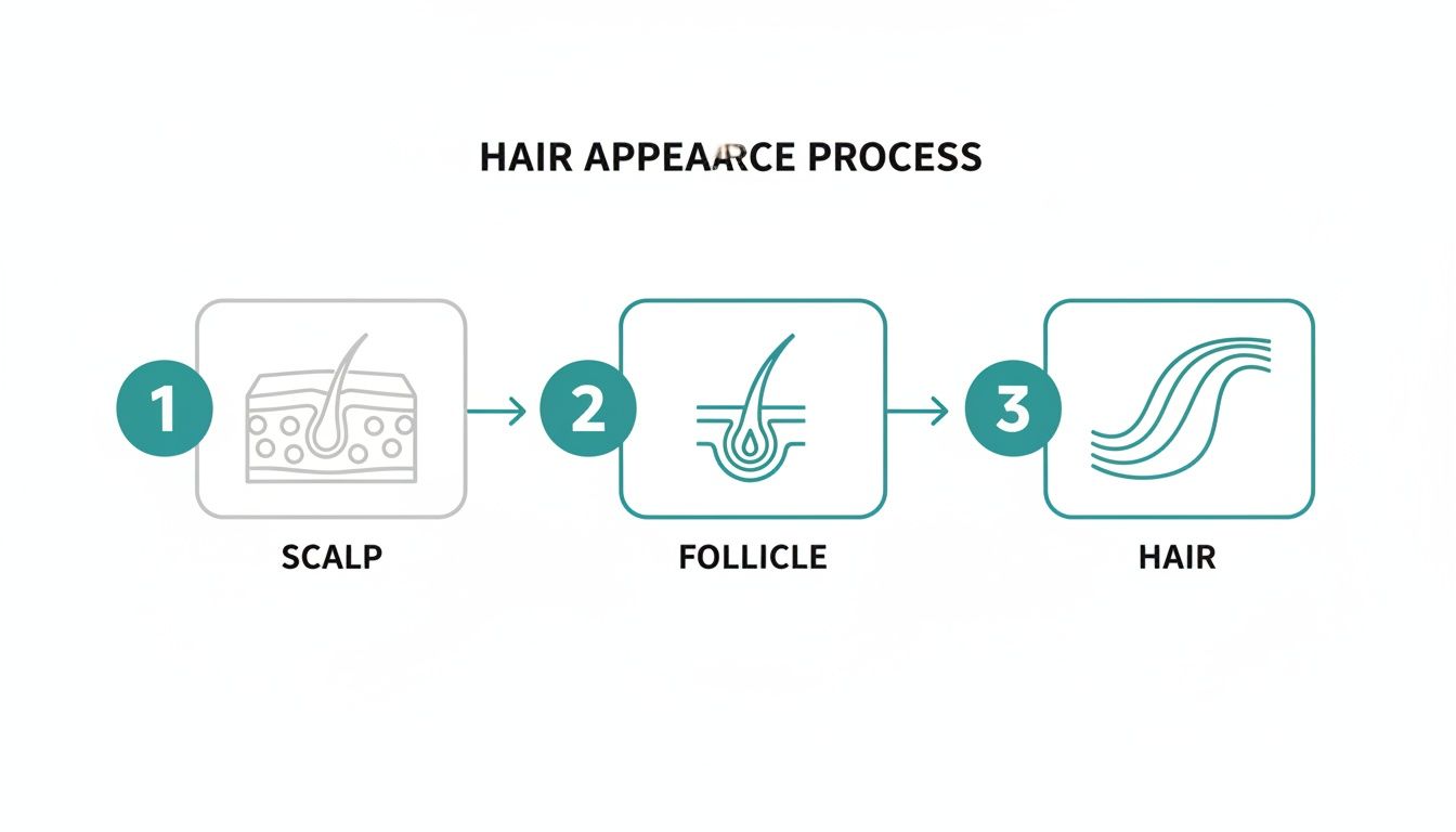 A three-step diagram illustrating the hair appearance process: scalp, follicle, and hair.