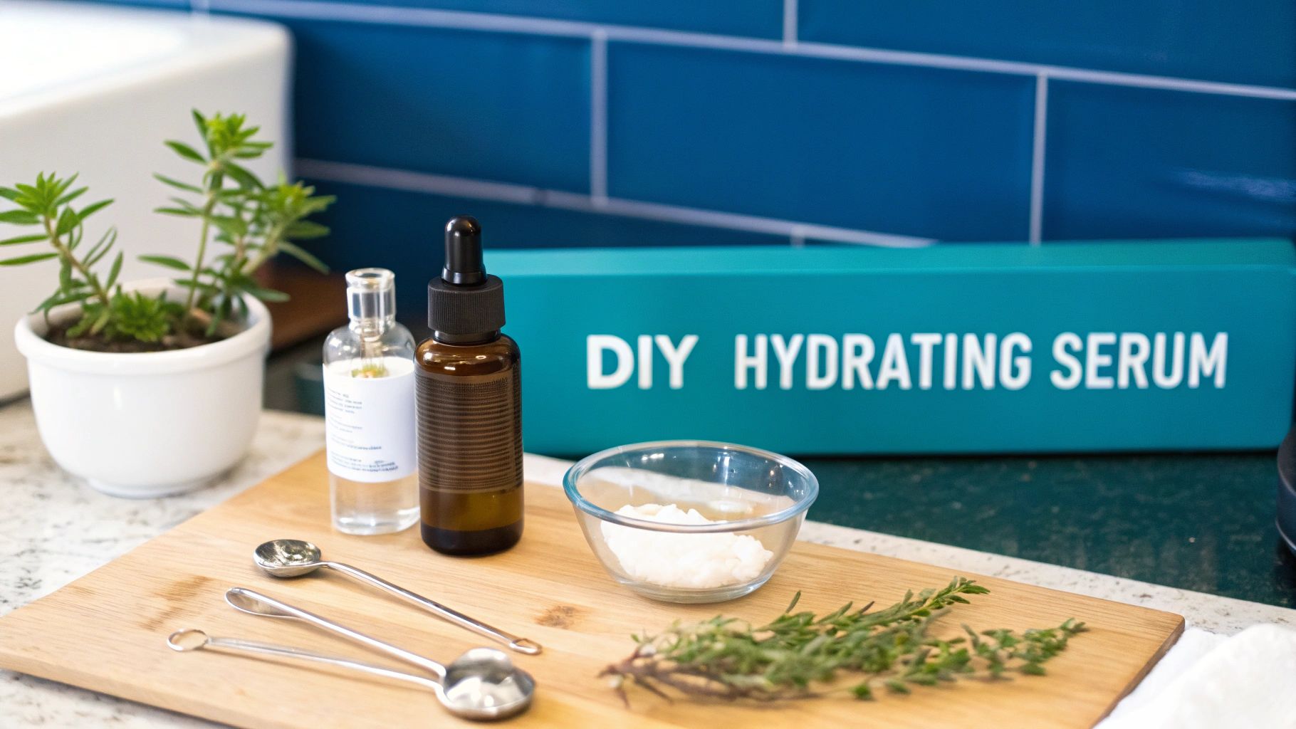 A close-up of ingredients and tools for making a DIY hydrating serum on a wooden board.