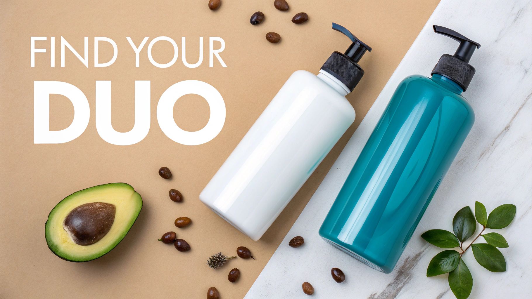 Two pump bottles for a beauty routine with avocado and natural seeds on a dual-tone background.